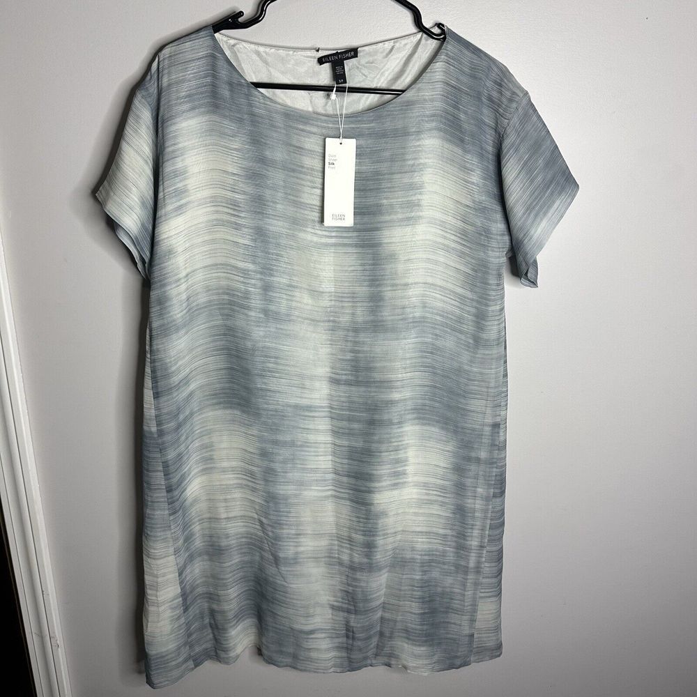 NEW Eileen Fisher BLSTL Silk Bateau Neck K/L Dress Small Short Sleeve Sheer Daze